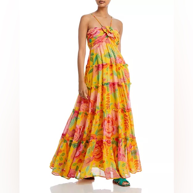 Farm Rio Macaw Bloom Gold And Pink Ruffled Tiered Maxi Dress Size L